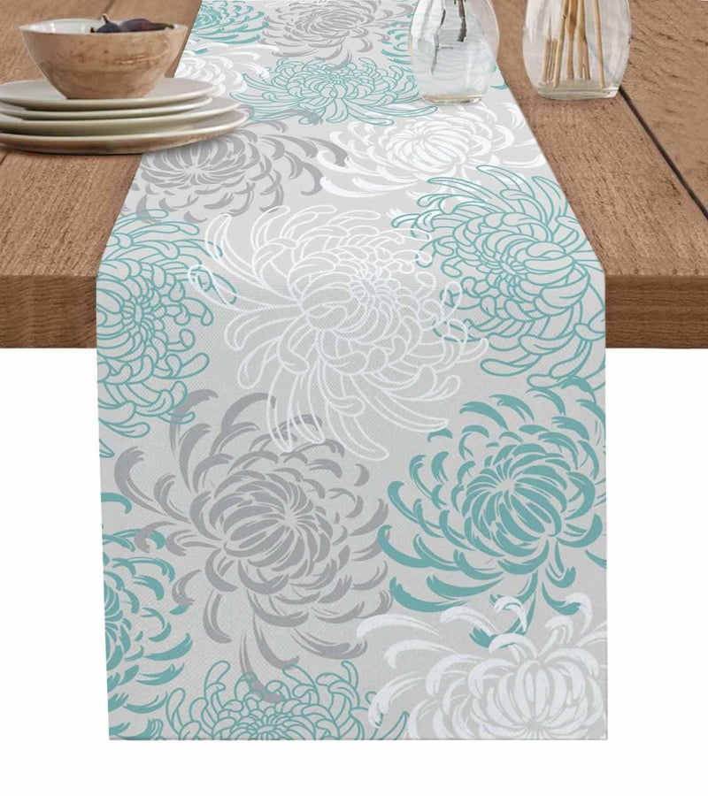 PIEPLE Aqua Chrysanthemum Flowers Table Runner-Cotton Linen-Long 13x90inches Dresser Scarves,Floral Grey Tablerunner for Kitchen Coffee/Dining/End Table Bedroom Living Room,Scarf Decor for Holiday - Image 1